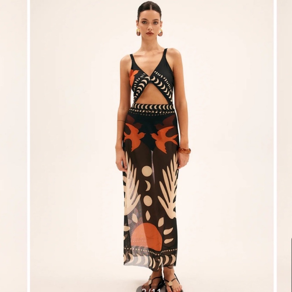 Commense Black Sheer Cutout Swim Coverup with Rust and Cream Print